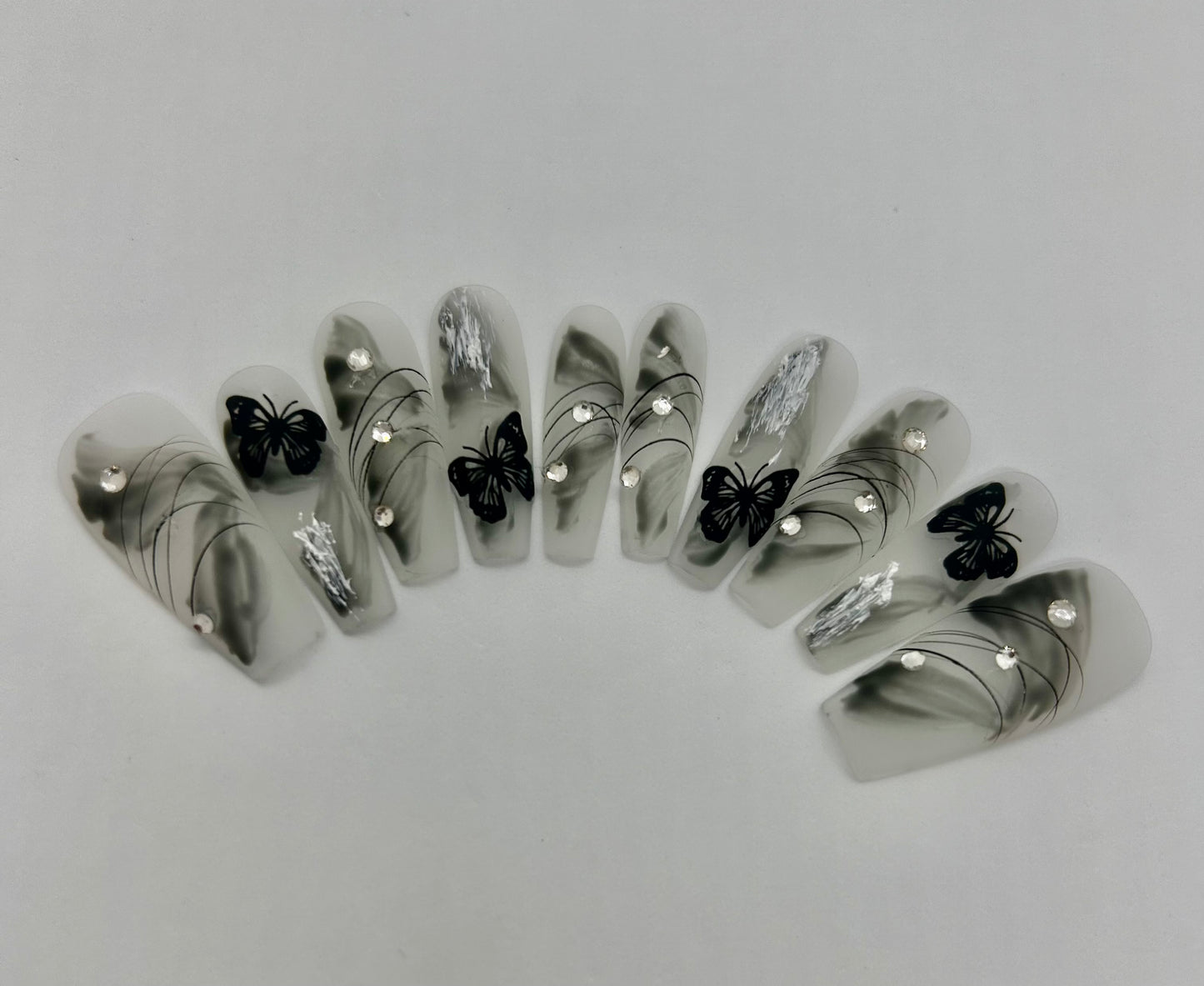 Long Square Monochromatic Black/White Rhinestone Nails-EX015