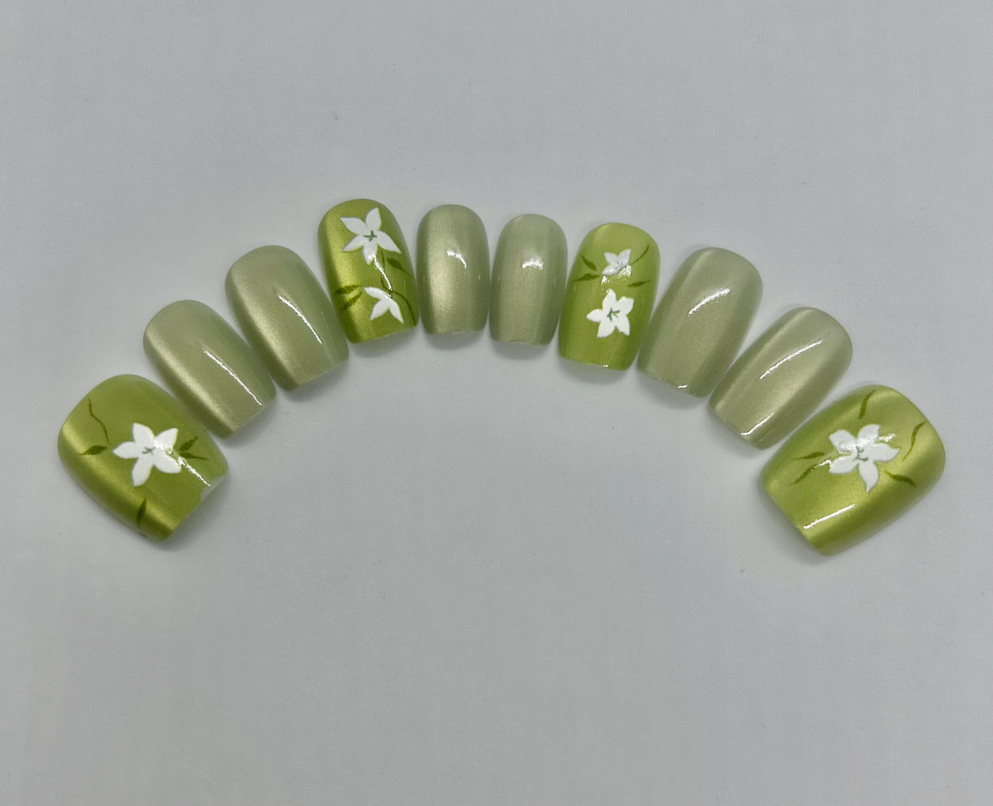 Short Square Light Green Botanical Nails-CH006