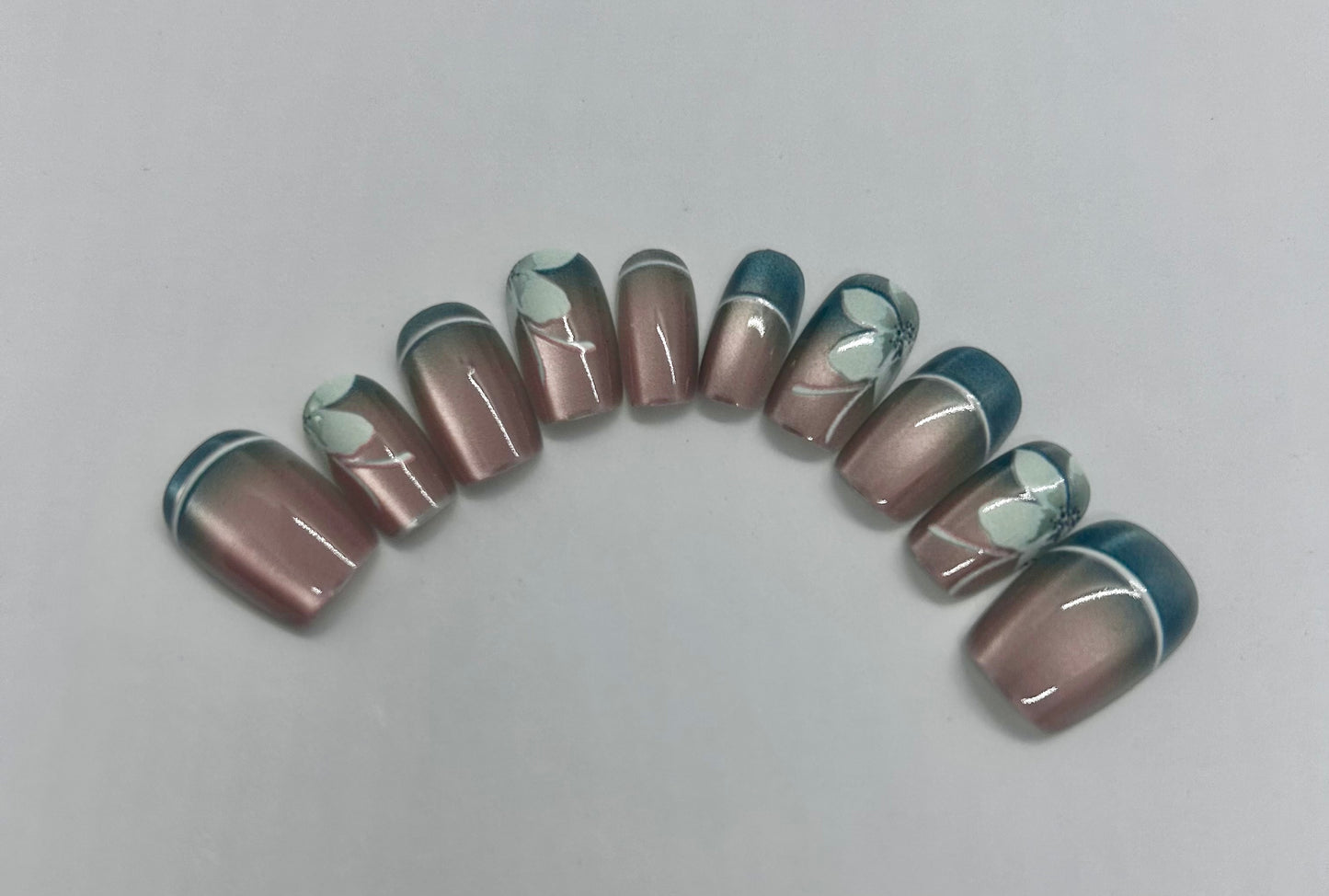 Short Squoval Gradient Beige/Teal Nails-MD009