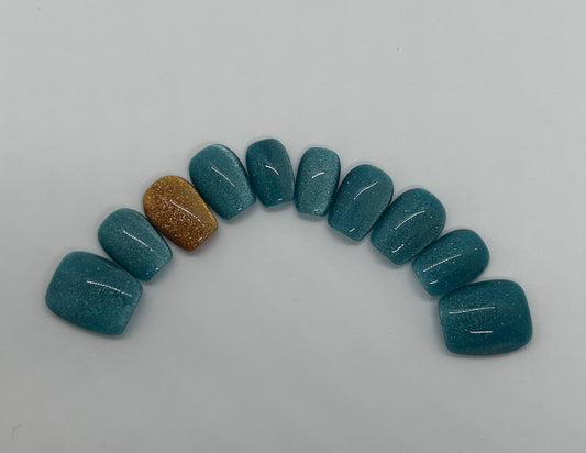 Short Square Teal Shimmer Gold Accent Nails-MD002
