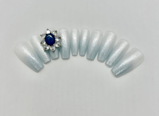 Long Square Icy Blue Jewel Nails-EX004