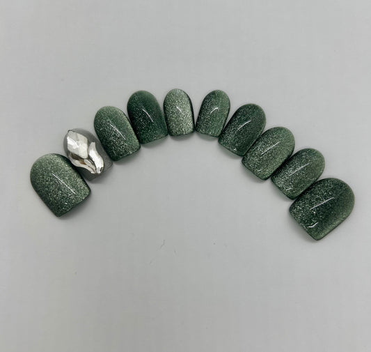 Short Square Deep Green Metallic Embellished Nails-EX013