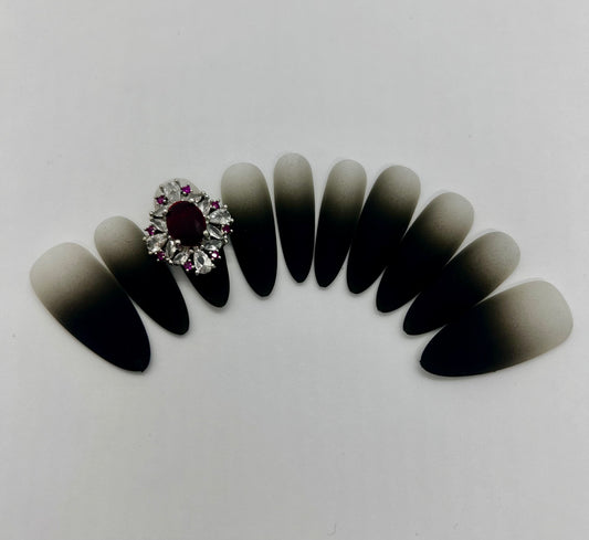 Long Almond Matte Black Ombre Ruby Jewel Nails-EX008