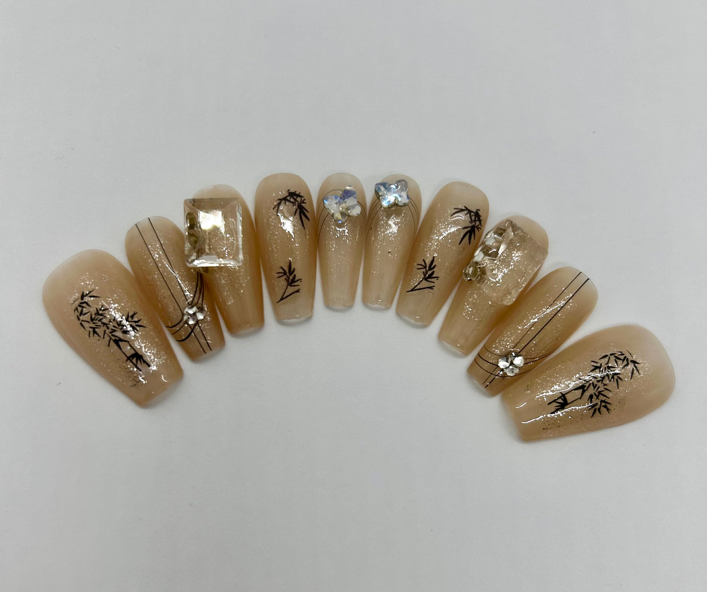 Long Square Neutral 3D Embellished Nails-EX0013