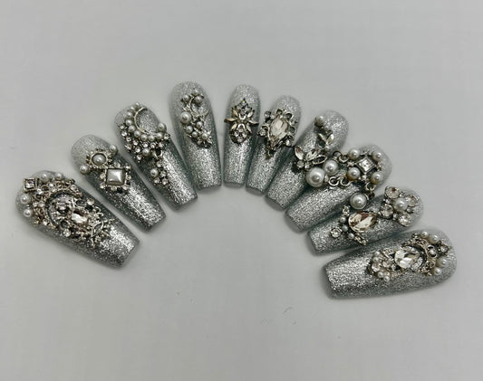 Long Coffin Silver Shimmer Jewel Nails-EX010