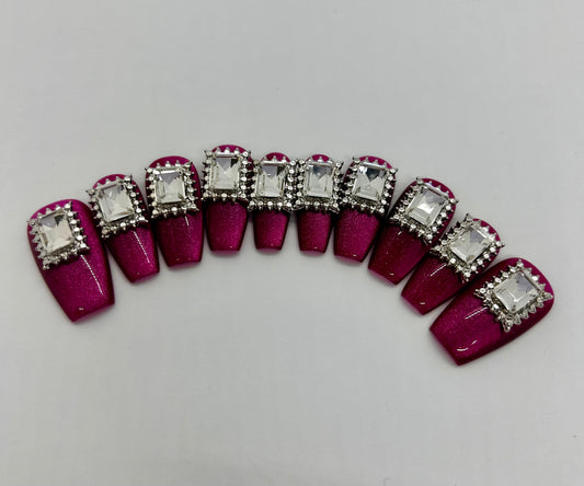 Long Square Magenta Clear Embellishment Nails-EX009