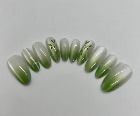 Long Oval Soft Green Gradient Nails-MD007