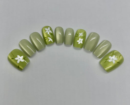 Short Square Light Green Botanical Nails-CH006