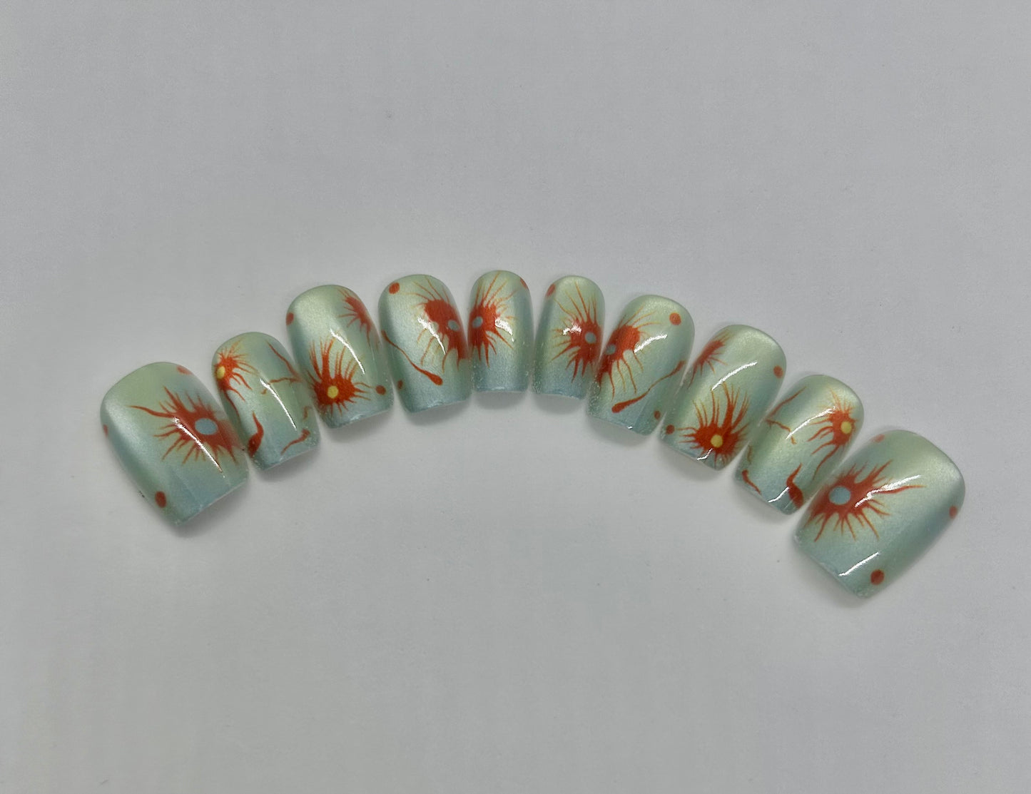 Short Square Light Green Vibrant Starbursts Nails-MD001