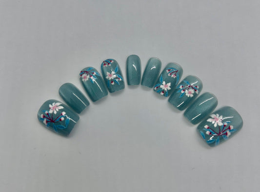 Short Squoval Teal Floral Base Nails-MD010