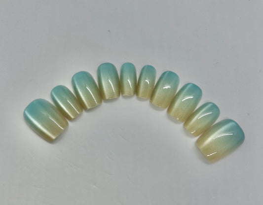 Short Squoval Yellow/Turquoise Gradient Nails-MD006